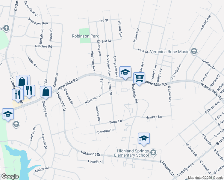map of restaurants, bars, coffee shops, grocery stores, and more near 103 Lowell Street in Richmond