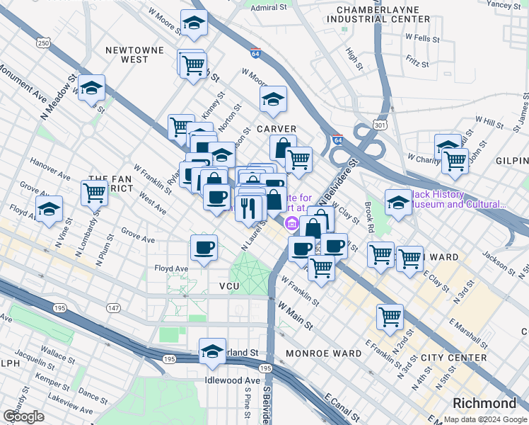 map of restaurants, bars, coffee shops, grocery stores, and more near 805 West Broad Street in Richmond