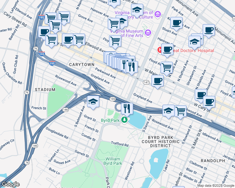 map of restaurants, bars, coffee shops, grocery stores, and more near 2902 Idlewood Avenue in Richmond