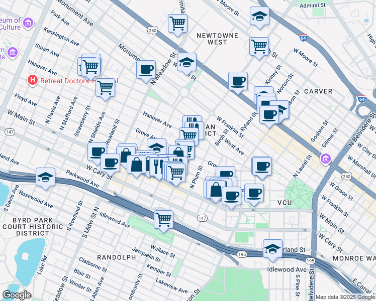 map of restaurants, bars, coffee shops, grocery stores, and more near 1614 Grove Avenue in Richmond