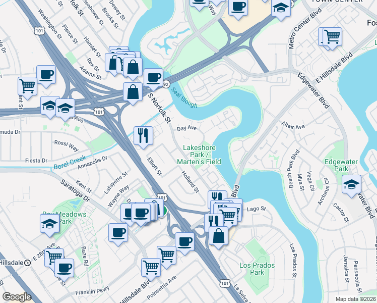 map of restaurants, bars, coffee shops, grocery stores, and more near 2425 South Norfolk Street in San Mateo