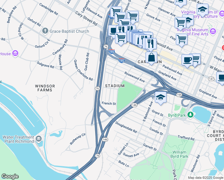 map of restaurants, bars, coffee shops, grocery stores, and more near 701 South Nansemond Street in Richmond
