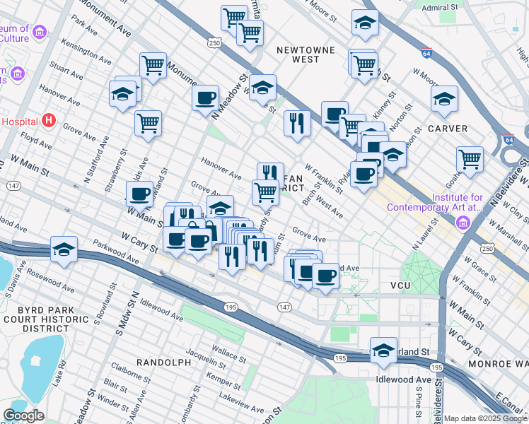 map of restaurants, bars, coffee shops, grocery stores, and more near 1614 Grove Avenue in Richmond