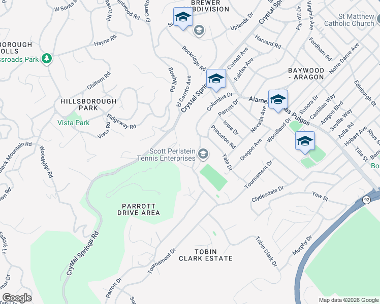 map of restaurants, bars, coffee shops, grocery stores, and more near 18 Wildwood Drive in San Mateo