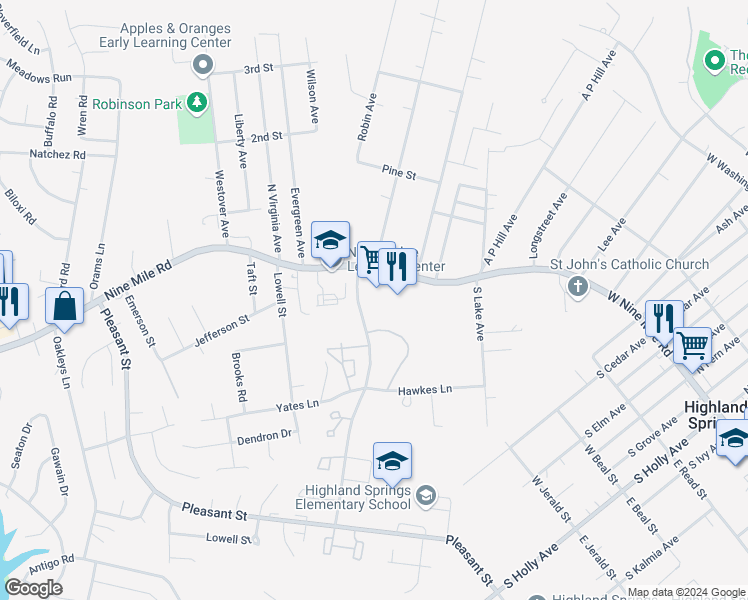 map of restaurants, bars, coffee shops, grocery stores, and more near 6009 Nine Mile Road in Richmond