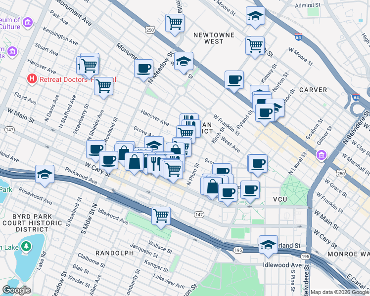 map of restaurants, bars, coffee shops, grocery stores, and more near in Richmond