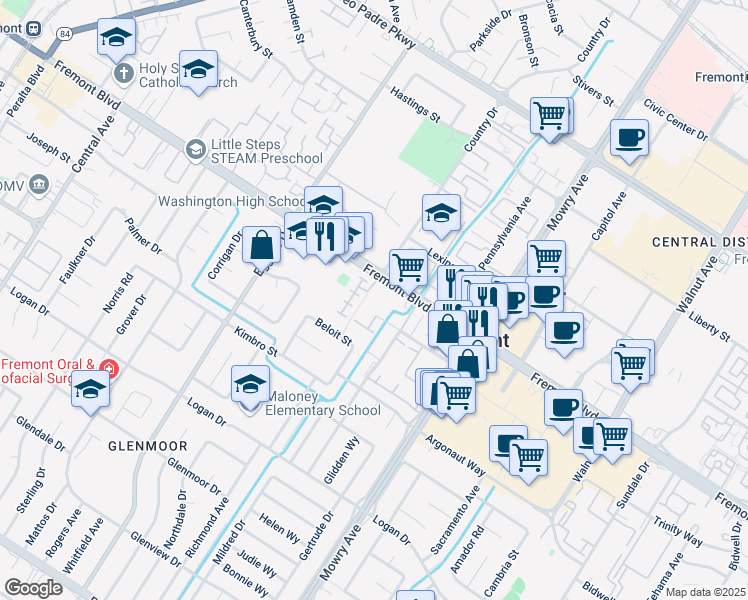 map of restaurants, bars, coffee shops, grocery stores, and more near 4179 Bell Common in Fremont