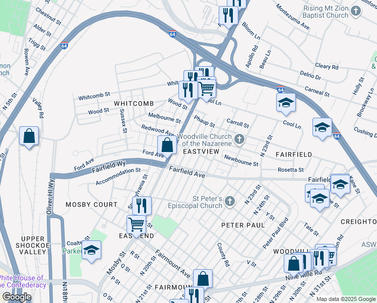 map of restaurants, bars, coffee shops, grocery stores, and more near 1621 Rogers Street in Richmond