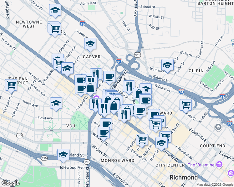 map of restaurants, bars, coffee shops, grocery stores, and more near 407 North Henry Street in Richmond