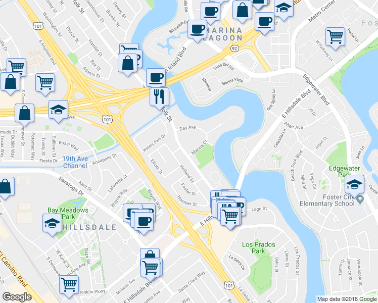 map of restaurants, bars, coffee shops, grocery stores, and more near 1500 Marina Court in San Mateo