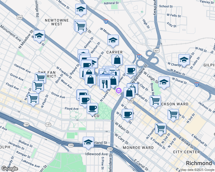 map of restaurants, bars, coffee shops, grocery stores, and more near 308 North Laurel Street in Richmond