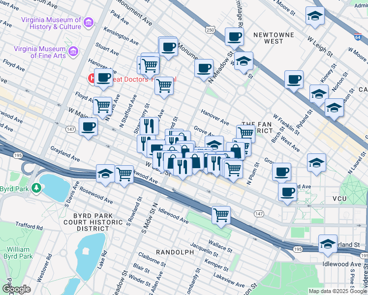 map of restaurants, bars, coffee shops, grocery stores, and more near 6 North Granby Street in Richmond