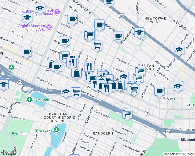 map of restaurants, bars, coffee shops, grocery stores, and more near 2105 West Main Street in Richmond