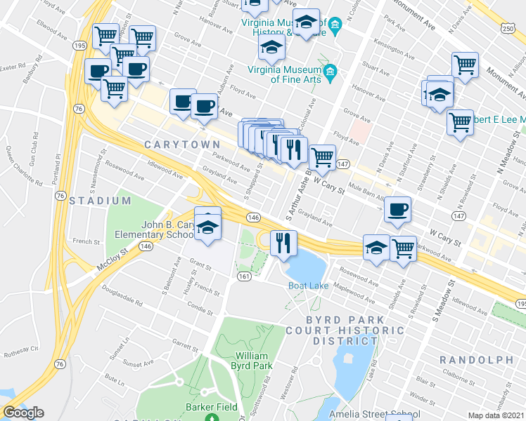 map of restaurants, bars, coffee shops, grocery stores, and more near 2910 Idlewood Avenue in Richmond