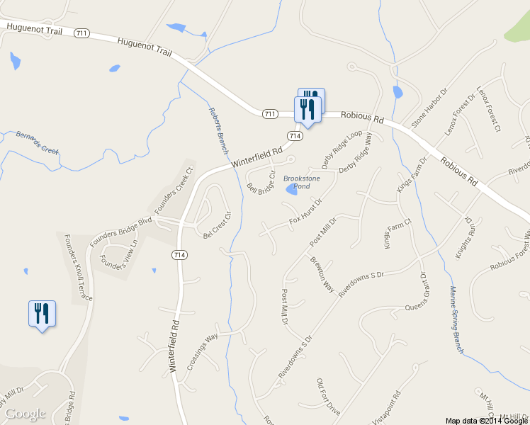 map of restaurants, bars, coffee shops, grocery stores, and more near 14312 Abbots Ridge Court in Midlothian