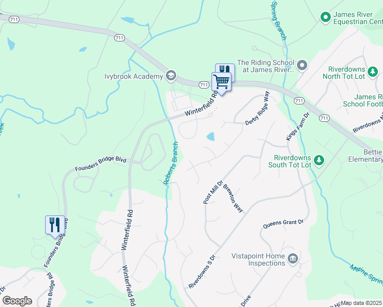 map of restaurants, bars, coffee shops, grocery stores, and more near 14312 Abbots Ridge Court in Midlothian