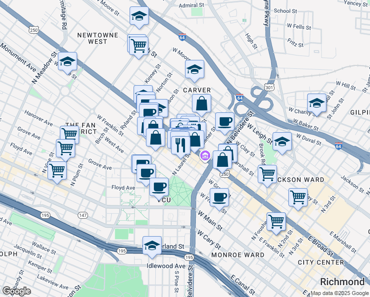 map of restaurants, bars, coffee shops, grocery stores, and more near 813 West Broad Street in Richmond