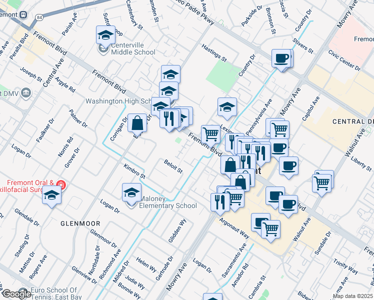 map of restaurants, bars, coffee shops, grocery stores, and more near 38593 Whitman Terrace in Fremont