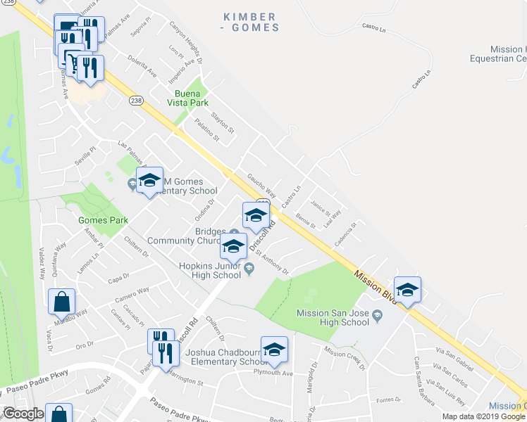 map of restaurants, bars, coffee shops, grocery stores, and more near 41051 Mission Boulevard in Fremont