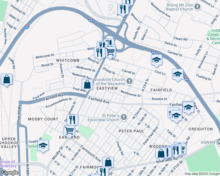 map of restaurants, bars, coffee shops, grocery stores, and more near 1707 North 19th Street in Richmond