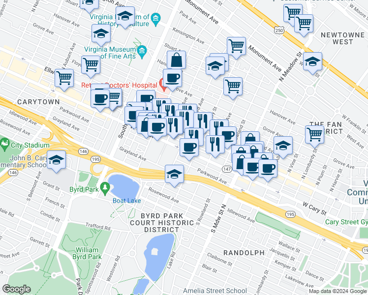 map of restaurants, bars, coffee shops, grocery stores, and more near in Richmond