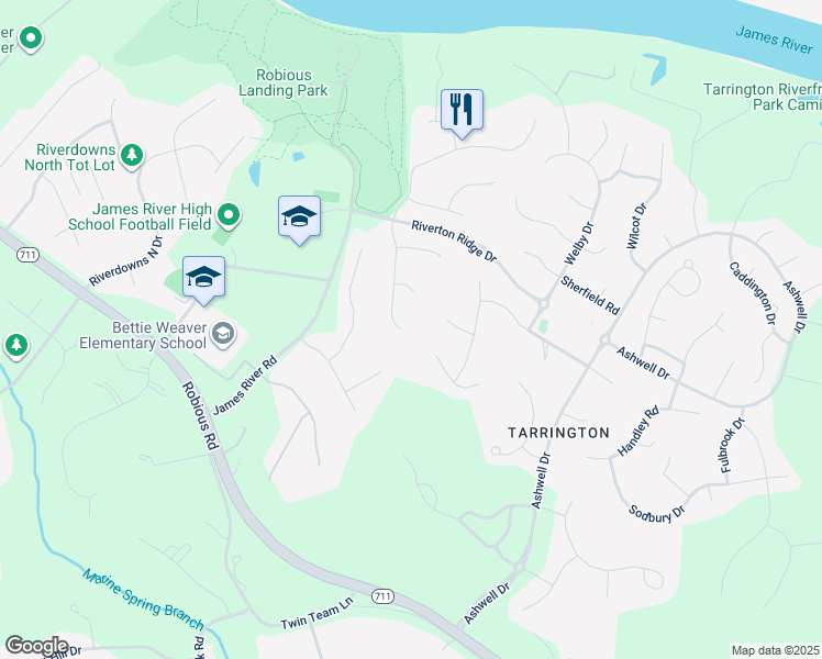 map of restaurants, bars, coffee shops, grocery stores, and more near 3607 Raftersridge Drive in Midlothian