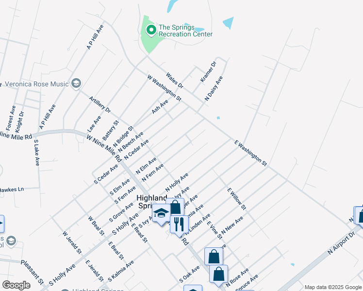 map of restaurants, bars, coffee shops, grocery stores, and more near 126 North Fern Avenue in Highland Springs