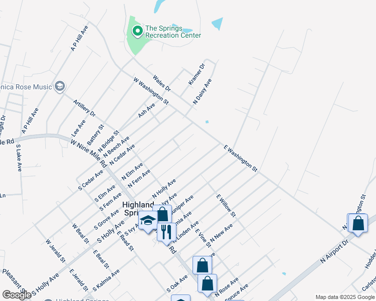 map of restaurants, bars, coffee shops, grocery stores, and more near 202 North Grove Avenue in Highland Springs