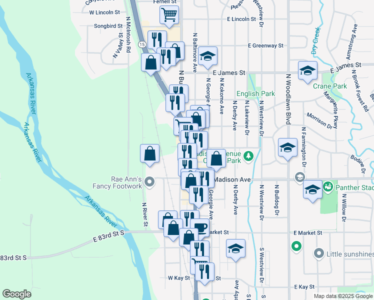 map of restaurants, bars, coffee shops, grocery stores, and more near 727 North Baltimore Avenue in Derby