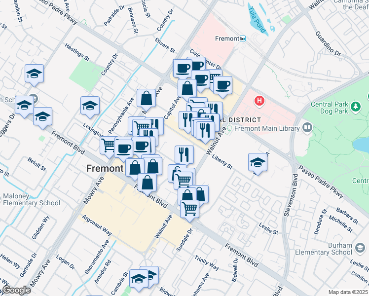 map of restaurants, bars, coffee shops, grocery stores, and more near 39277 Beacon Avenue in Fremont