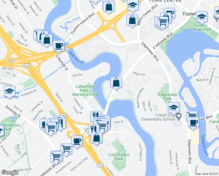 map of restaurants, bars, coffee shops, grocery stores, and more near 720 Promontory Point Lane in San Mateo