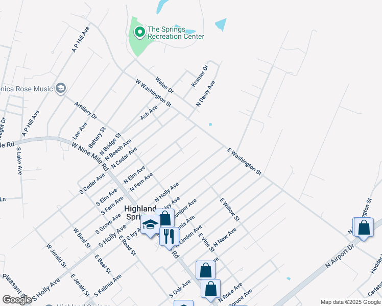 map of restaurants, bars, coffee shops, grocery stores, and more near 202 North Grove Avenue in Highland Springs