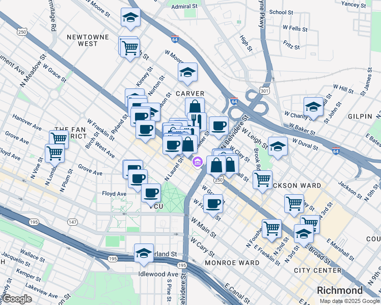 map of restaurants, bars, coffee shops, grocery stores, and more near 802 West Broad Street in Richmond