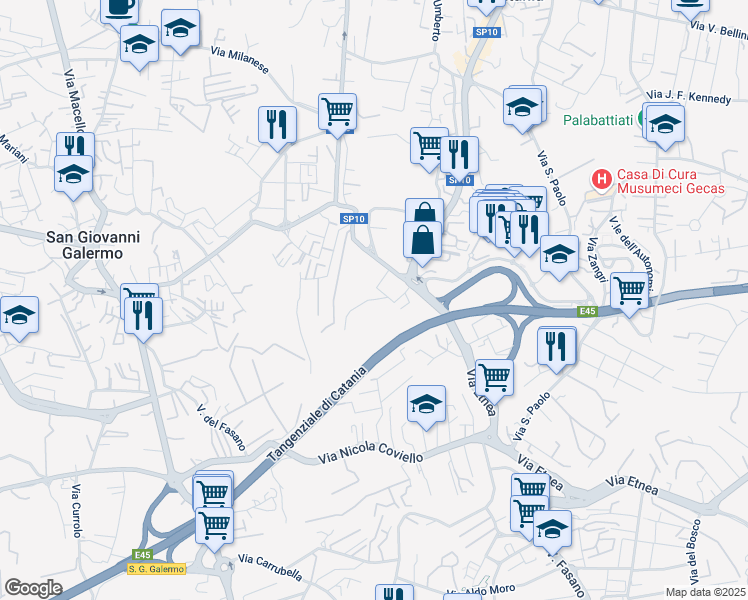 map of restaurants, bars, coffee shops, grocery stores, and more near 15 Via Giuseppe Ungaretti in Città metropolitana di Catania