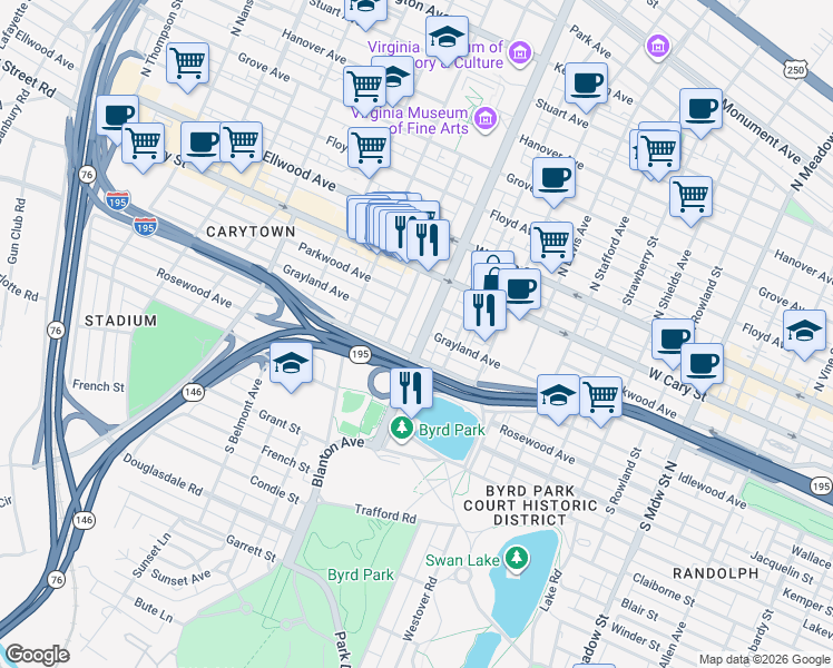 map of restaurants, bars, coffee shops, grocery stores, and more near 2804 Idlewood Avenue in Richmond