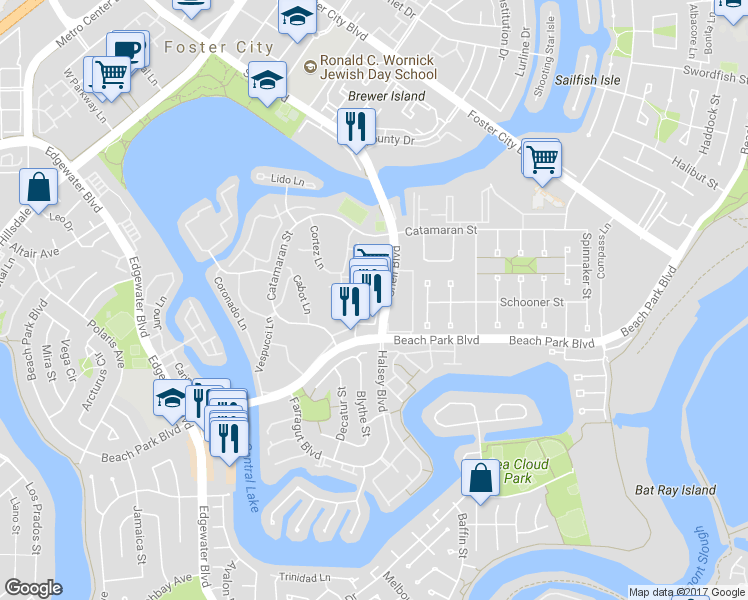 map of restaurants, bars, coffee shops, grocery stores, and more near 1058 Shell Boulevard in Foster City