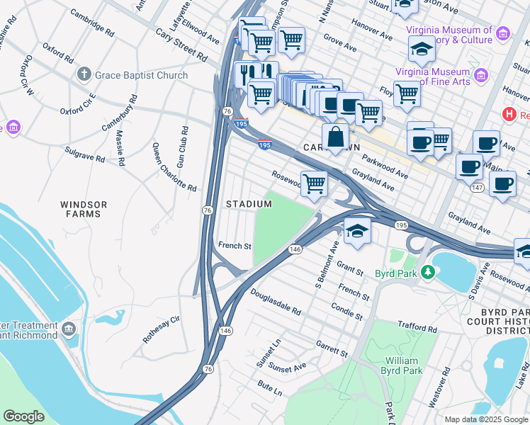 map of restaurants, bars, coffee shops, grocery stores, and more near 704 Freeman Road in Richmond