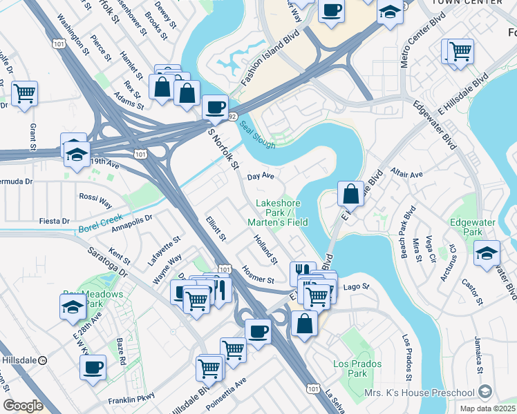 map of restaurants, bars, coffee shops, grocery stores, and more near 2425 South Norfolk Street in San Mateo