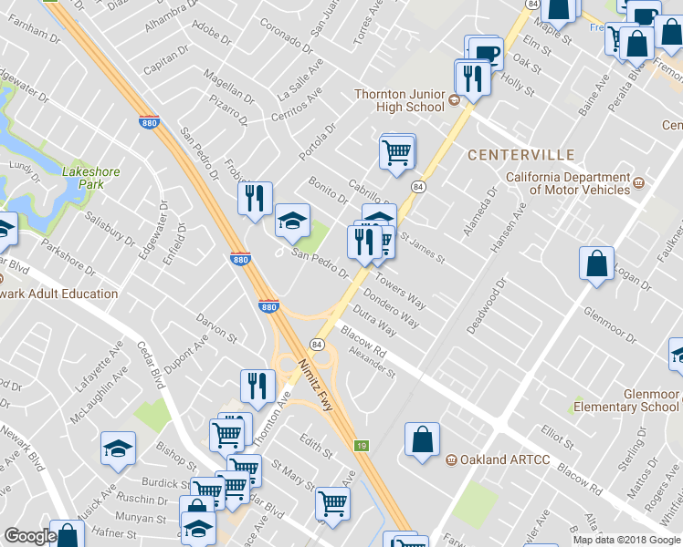 map of restaurants, bars, coffee shops, grocery stores, and more near 36813 San Pedro Drive in Fremont