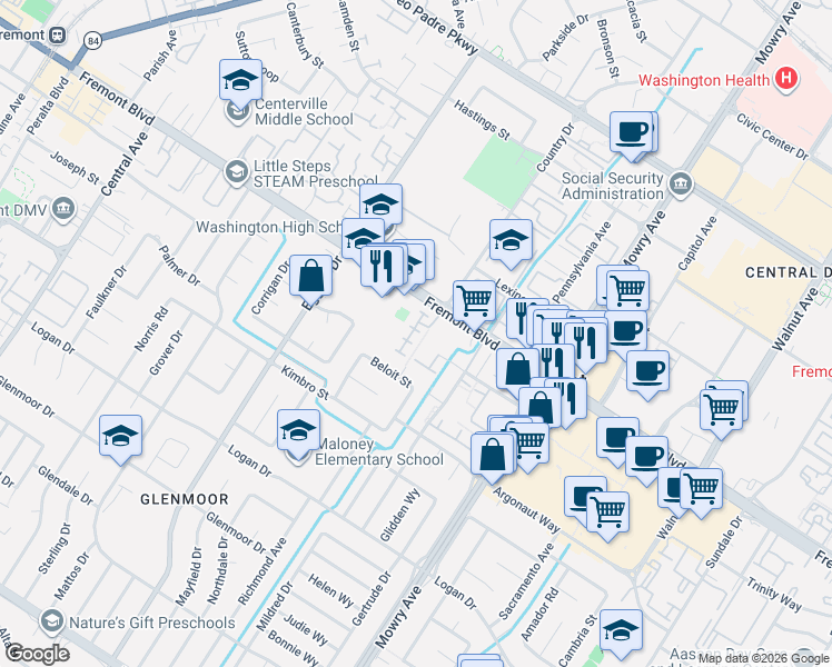 map of restaurants, bars, coffee shops, grocery stores, and more near 4040 Hemingway Common in Fremont