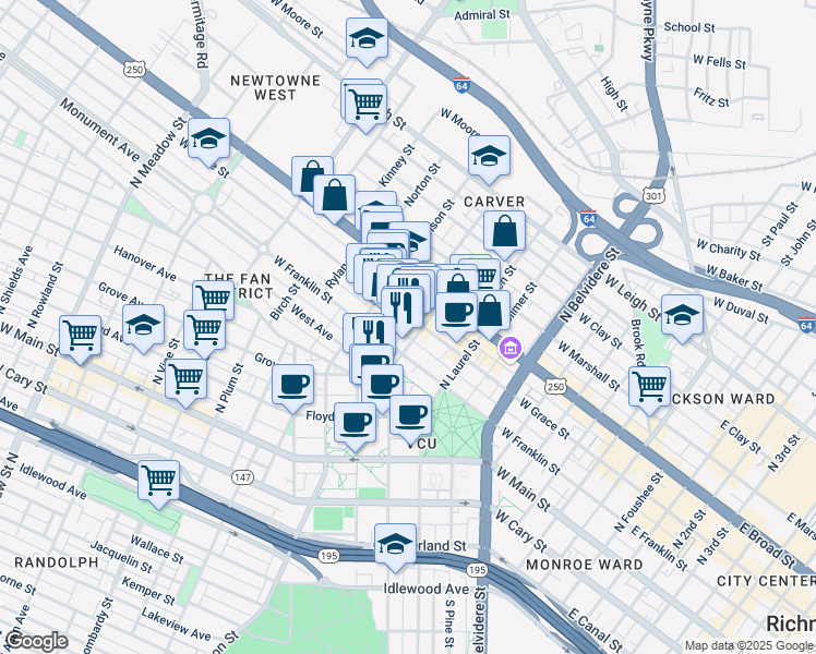 map of restaurants, bars, coffee shops, grocery stores, and more near 907 West Grace Street in Richmond