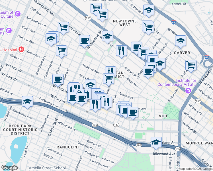 map of restaurants, bars, coffee shops, grocery stores, and more near 1608 Grove Avenue in Richmond