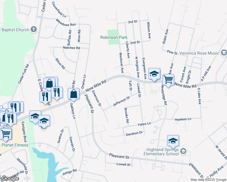 map of restaurants, bars, coffee shops, grocery stores, and more near 3213 Ainsworth Lane in Richmond