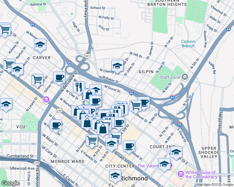 map of restaurants, bars, coffee shops, grocery stores, and more near 717 Cameo Street in Richmond