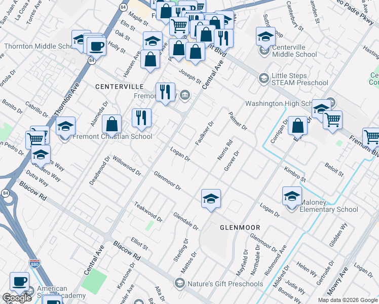 map of restaurants, bars, coffee shops, grocery stores, and more near 37795 Logan Drive in Fremont