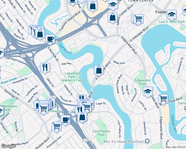 map of restaurants, bars, coffee shops, grocery stores, and more near 601 Aquarius Lane in Foster City