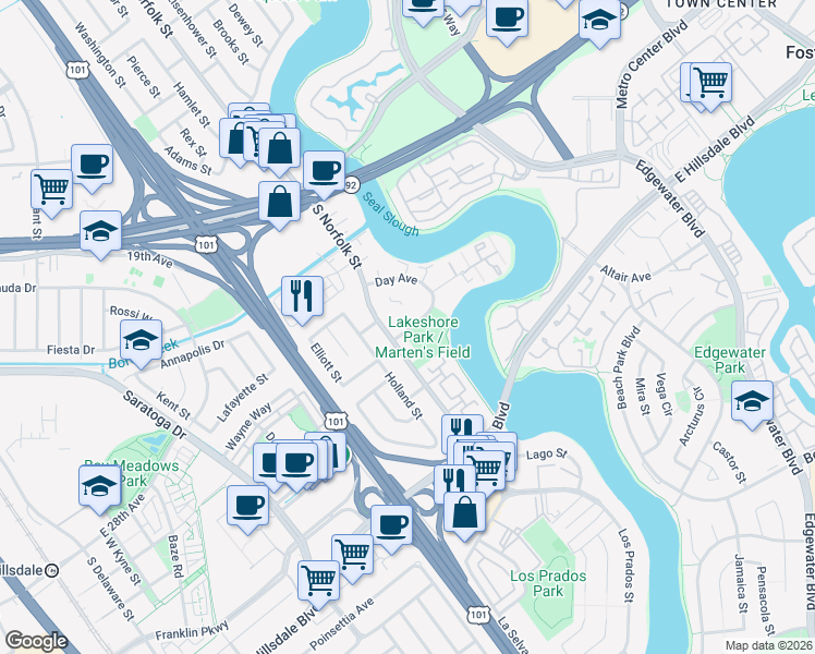 map of restaurants, bars, coffee shops, grocery stores, and more near 1500 Marina Court in San Mateo