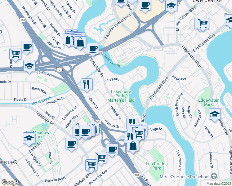 map of restaurants, bars, coffee shops, grocery stores, and more near 1500 Marina Court in San Mateo