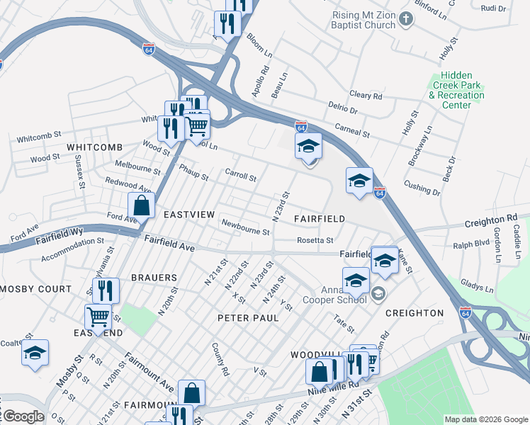 map of restaurants, bars, coffee shops, grocery stores, and more near 2112 1/2 Newbourne Street in Richmond