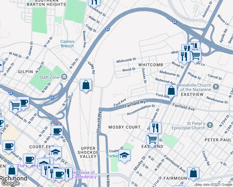 map of restaurants, bars, coffee shops, grocery stores, and more near 1901 Raven St in Richmond
